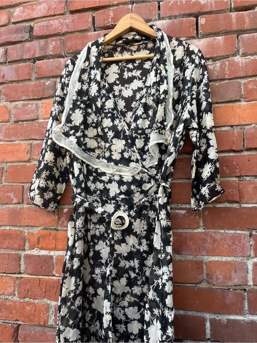 Antique 20s 30s Art Nouveau Deco Cotton Floral Vintage Midi Gatsby Sun Dress M/L